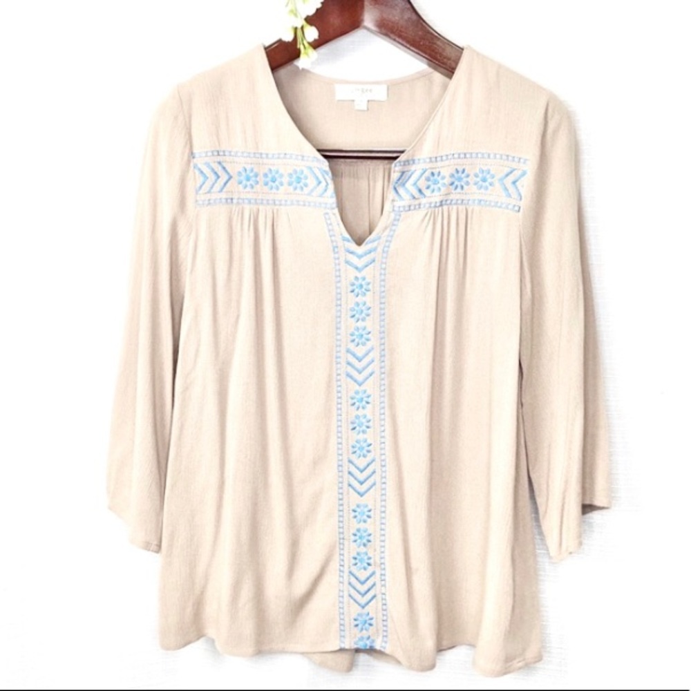 Umgee•boho oversized loose tan embroidered light 3/4 sleeve v neck top small